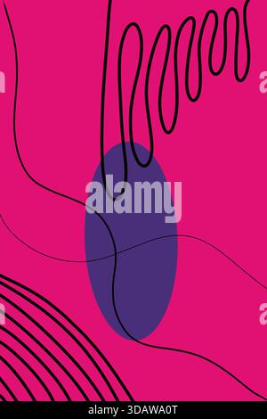 A vibrant abstract design featuring black lines forming dynamic curves and shapes on a bold pink background, with a prominent purple oval at the cente Stock Photo