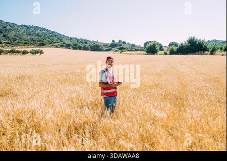 A farmer in a red vest stands amidst a golden barley field in Guadalajara, Spain, holding a tablet. The lush landscape and clear skies highlight moder Stock Photo