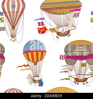 A collection of colorful hot air balloons and a ship are flying in the sky Stock Vector