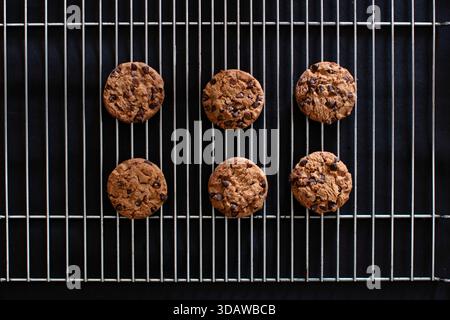 Freshly baked chocolate chip cookies are evenly spaced on a metal cooling rack. The homemade treats are packed with rich chocolate chips, creating an Stock Photo