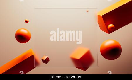 Vibrant orange spheres and cubes float in a colorful space with a transparent square, creating an engaging atmosphere. Stock Photo