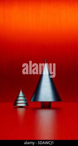 Two stylized 3D Christmas trees in metallic colors sit on a smooth surface, with a vibrant red background creating a festive atmosphere. Stock Photo