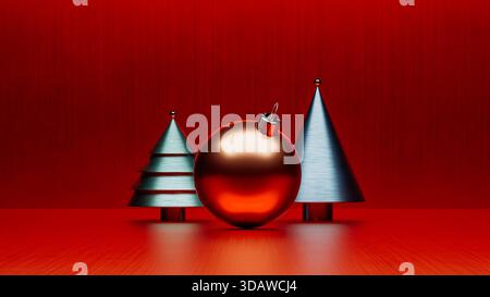 This scene showcases a vibrant Christmas background featuring three-dimensional trees beside a large decorative ball, creating a festive atmosphere. Stock Photo
