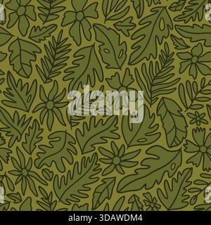 Cute flowers and jungle leaves seamless pattern. Vector illustration flat design background. Stock Vector