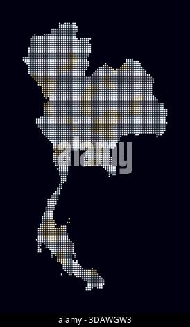 A dotted map of Thailand in a digital style, set on a dark background. Stock Vector