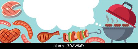 A picture of a grill with a bunch of meat and vegetables on it. The grill is red and has a lot of food on it. The background is blue and there is a cl Stock Vector