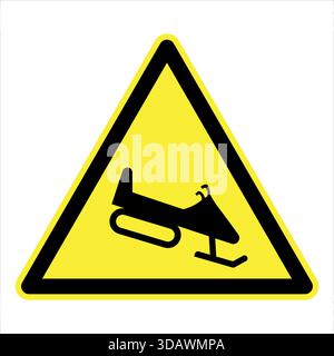 Yellow triangular warning sign with a black snowmobile icon for hazard and danger. Stock Vector