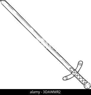 A sword is drawn in black and white. The sword is long and has a curved blade. The sword is drawn with a pencil, giving it a simple and classic appear Stock Vector