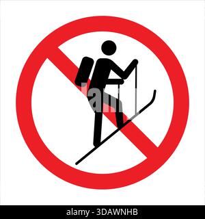Ski tourer in red circle with diagonal line indicating a prohibited activity. Stock Vector