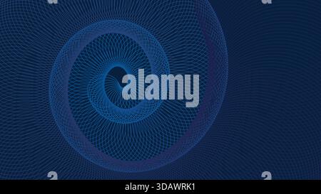 Abstract dark background featuring an intricate geometric spiral with thin, flowing neon lines that transition from cool blue to vibrant green, symbol Stock Vector