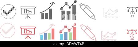 Set of vector business and design icons rendered in a pixel or dot matrix style Stock Vector