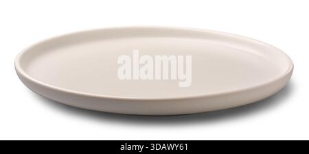 empty matte white ceramic plate with round rim isolated white background with soft shadow, restaurant branding or tableware mock-up template Stock Photo