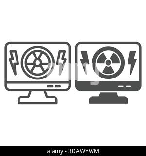 Monitor screen and radiation seal line and solid icon, atomic energy concept. Vector graphics. Display, radioactive and lightning sign on white backgr Stock Vector