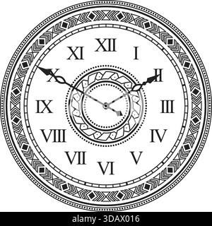 A black and white clock with Roman numerals on it. The clock has a circular design and the numbers are arranged in a spiral pattern. The clock is set Stock Vector