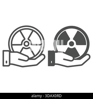 Radiation seal in hand line and solid icon, atomic energy concept. Vector graphics. Hand palm with radioactivity danger sticker sign on white backgrou Stock Vector