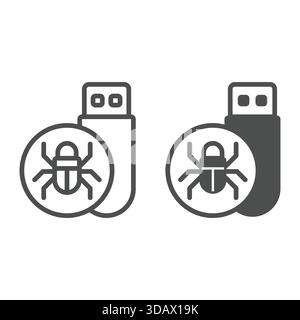 Flash drive with virus line and solid icon, hacker attacks concept. Vector graphics. Hacker exploit, bug on pen drive sign on white background, outlin Stock Vector