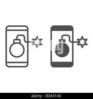 Smartphone screen with bomb line and solid icon, hacker attacks concept. Vector graphics. Phone and grenade bomb sign on white background, outline sty Stock Vector