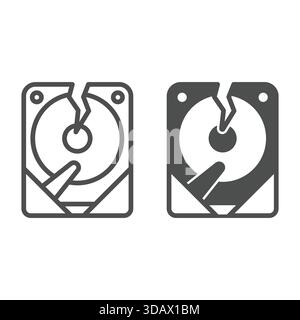 Hard disk drive breakdown line and solid icon, hacker attacks concept. Vector graphics. Data loss, crack on storage sign on white background, outline Stock Vector