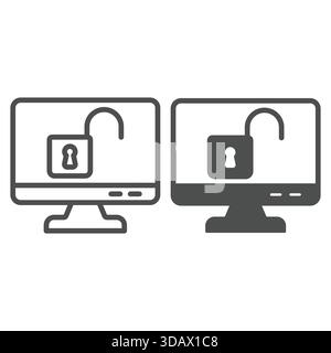 Monitor with unlocked lock line and solid icon, hacker attacks concept. Vector graphics. Display unlocked, screen protection sign on white background, Stock Vector