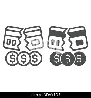 Broken bank card with coins line and solid icon, hacker attacks concept. Vector graphics. Cracked credit card and dollar coin sign on white background Stock Vector