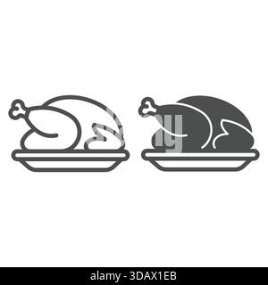 Fried chicken, turkey on platter line and solid icon, easter holiday concept. Vector graphics. Turkey dish sign on white background, outline style ico Stock Vector