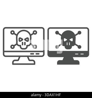 Monitor with skull and bones line and solid icon, hacker attacks concept. Vector graphics. Infected by virus, computer display sign on white backgroun Stock Vector