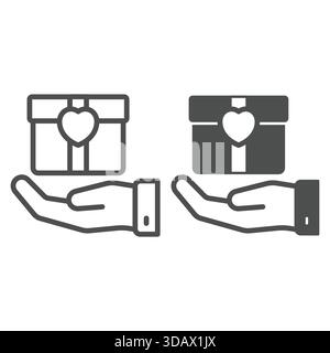 Gift box with heart seal in hand line and solid icon, festive holiday concept. Vector graphics. Hand palm and present package sign on white background Stock Vector