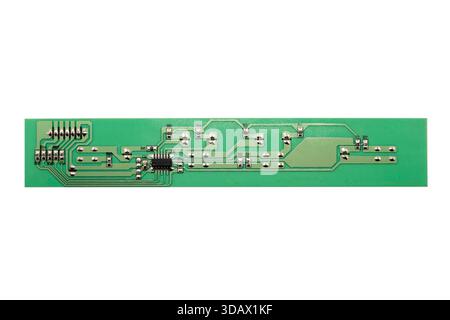 Circuit board with resistors microchips and electronic components isolated on white  background. Computer hardware technology. Stock Photo