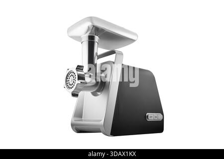 Electric meat grinder. Stainless steel meat grinder isolated on a white background. Preparation of minced meat. Stock Photo