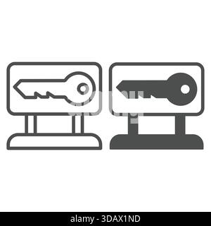 Billboard stand with key line and solid icon, hacker attacks concept. Vector graphics. Public unsecured key, sharing banner sign on white background, Stock Vector