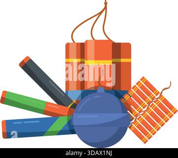 A cartoonish illustration of fireworks and a bomb. The fireworks are in various colors and sizes, and the bomb is large and red. Scene is celebratory Stock Vector