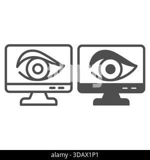 Monitor screen with human eye line and solid icon, hacker attacks concept. Vector graphics. Display and antivirus sign on white background, outline st Stock Vector