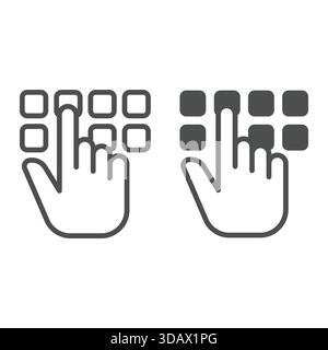 Hand pointer with buttons line and solid icon, hacker attacks concept. Vector graphics. Pin code button push and hand finger sign on white background, Stock Vector
