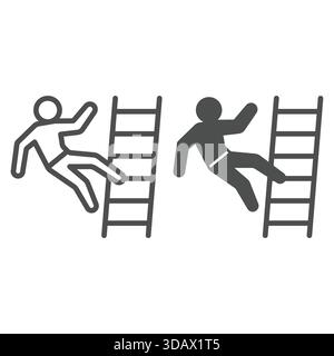 Man falls down from ladder line and solid icon, insurance event concept. Vector graphics. Human falling high risk sign on white background, outline st Stock Vector