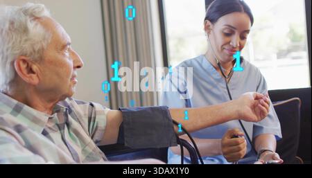 Checking nurse in scrubs using stethoscope and cuff on living room sofa, data overlay Stock Photo