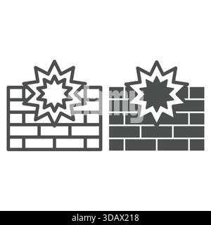 Explosion at brick wall line and solid icon, hacker attacks concept. Vector graphics. Firewall attack, virus protection sign on white background, outl Stock Vector