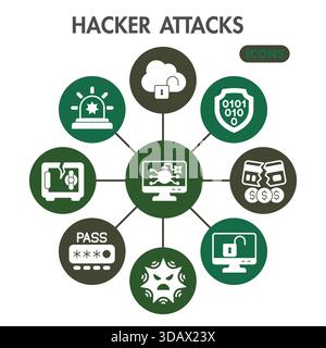Hacker attacks symbols collection or sketches. cyber crime theme icons in glyph style signs for web and app. Vector graphics isolated on white backgro Stock Vector