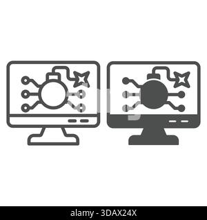 Monitor screen with bomb line and solid icon, hacker attacks concept. Vector graphics. Bomb burning wick on display sign on white background, outline Stock Vector