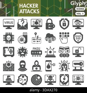 Hacker attacks symbols collection or sketches. cyber crime theme icons in glyph style signs for web and app. Vector graphics isolated on white backgro Stock Vector