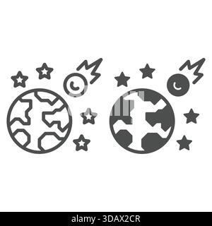 Space asteroid flies to earth planet line and solid icon, insurance event concept. Vector graphics. Falling asteroid high risk sign on white backgroun Stock Vector
