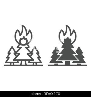 Forest trees in flames line and solid icon, ecology insurance concept. Vector graphics. Fireplace at forest, high risk danger sign on white background Stock Vector