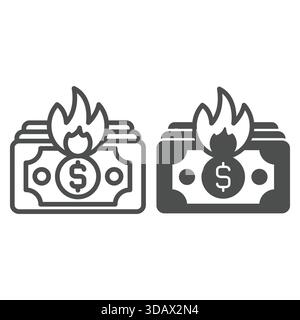 Banknote dollars burning in fire line and solid icon, insurance event concept. Vector graphics. Bank paper money burnt recovery sign on white backgrou Stock Vector