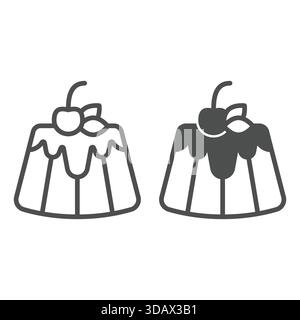 Pie with cherry and chocolate glaze line and solid icon, sweets pastry concept. Vector graphics. Sweet bun, bakery sign on white background, outline s Stock Vector