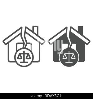 Home house crack and scale line and solid icon, family lawyer concept. Vector graphics. Cottage building with weight scale libra sign on white backgro Stock Vector