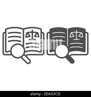 Law book with magnifier line and solid icon, jurisprudence concept. Vector graphics. Open textbook with magnifying glass sign on white background, out Stock Vector