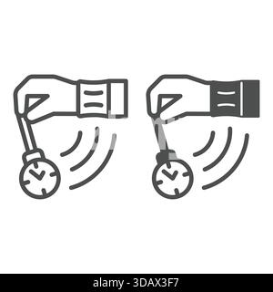 Psychologist pendulum clock in hand line and solid icon, psychology concept. Vector graphics. Hand with swing clock on chain sign on white background, Stock Vector