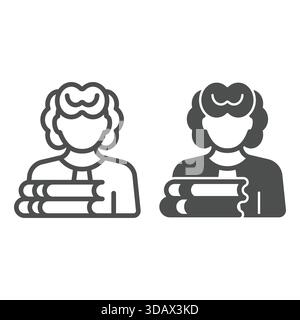 Lawyer woman with books line and solid icon, family lawyer concept. Vector graphics. Woman and jurisprudence book stack sign on white background, outl Stock Vector