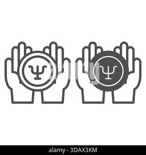 Hand palms with trident ball line and solid icon, psychology concept. Vector graphics. Psychologist hands with bubble sign on white background, outlin Stock Vector