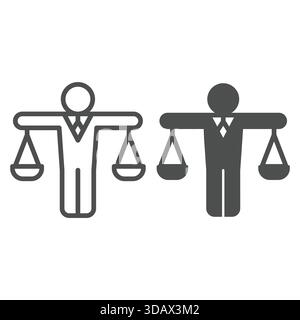 Lawyer man with scales line and solid icon, jurisprudence concept. Vector graphics. Human in form of weight scales sign on white background, outline s Stock Vector