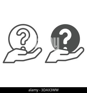 Question mark ball in hand line and solid icon, family psychology concept. Vector graphics. Ask bubble in hand palm sign on white background, outline Stock Vector
